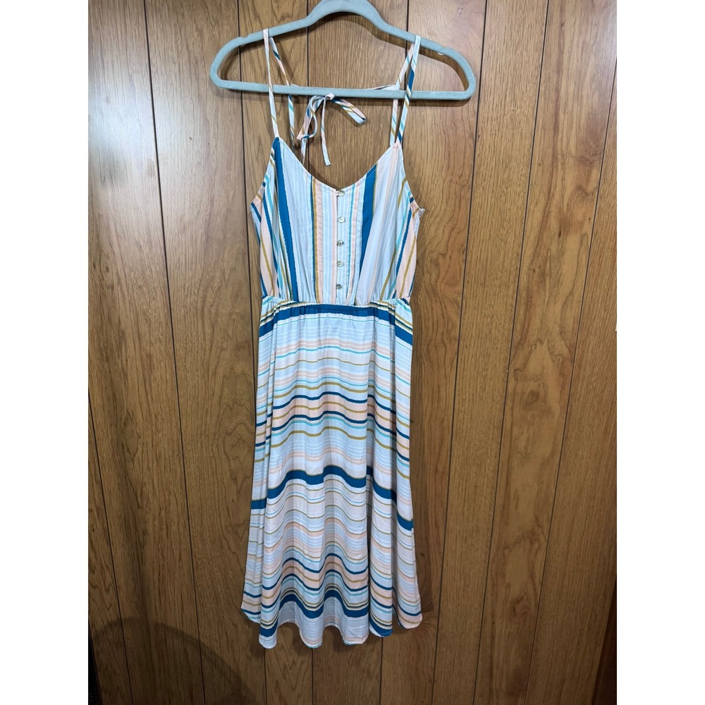 LC Lauren Conrad Striped Midi Dress Womens 2 Blue Pink Button Front Tie Back
